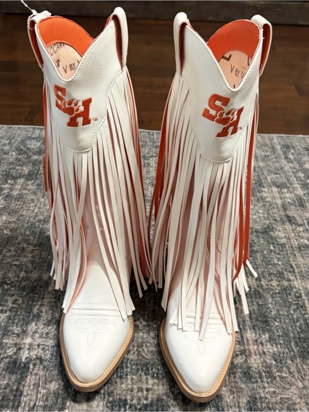 VACCARI Women’s Sam Houston State Bearkats Fringe Boots Sz. 10.5 WHITE/ORANGE